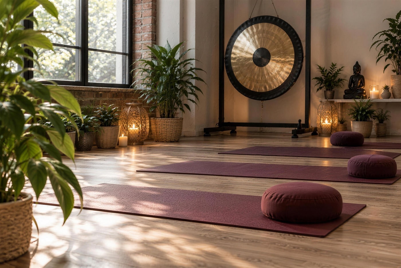 Sală de practică cu saltele, perne de meditație și un gong